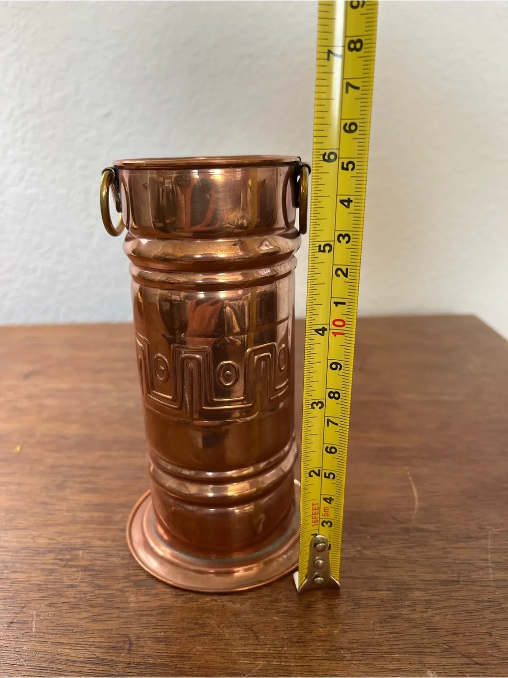 Vintage French hammered copper vase with brass handles